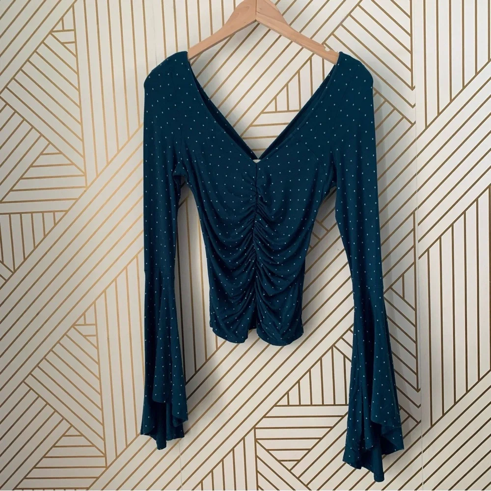 🍀 3/$30 We the Free what a babe polka dot ruched cinched bell sleeve bohemian XS - Picture 6 of 13